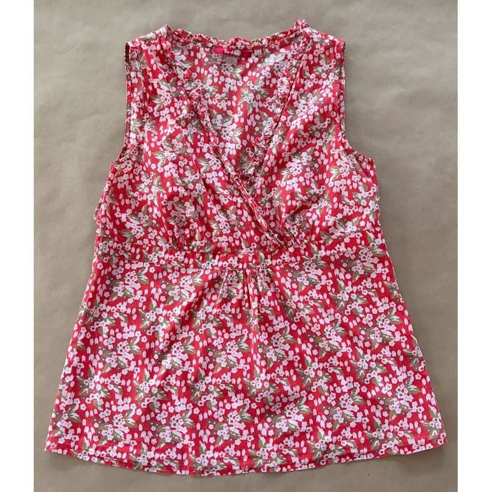 Boden Red Floral Surplice Ruffle Sleeveless Cotton Top Empire Waist US 10 Preppy